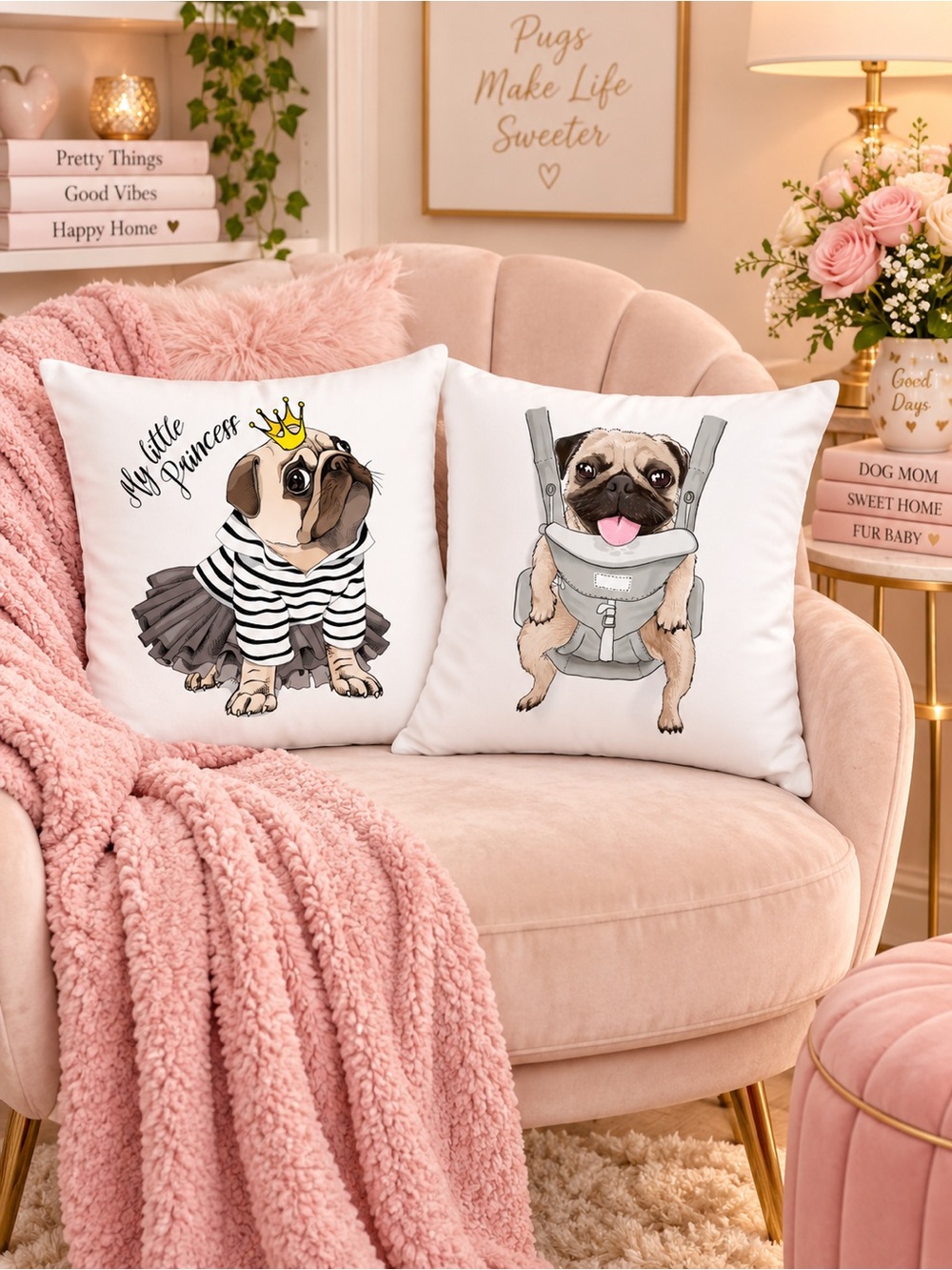 The Eleanor Collection Set of 2 Pug Accent Pillow Covers 17.7x17.7 NWT